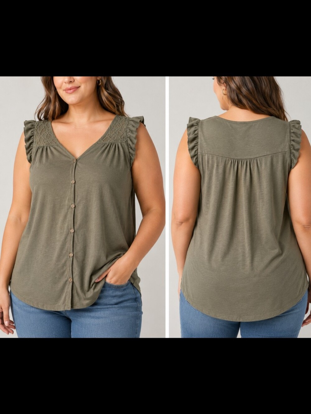 NO BOUNDARIES - Size XXL Button-Front Ruffle Lace Detail Top in Olive Green